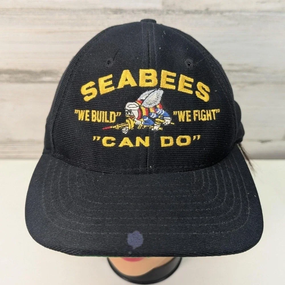 Eagle Crest US Navy Seabees Snapback Hat Black We Build We Fight Can Do USA Made